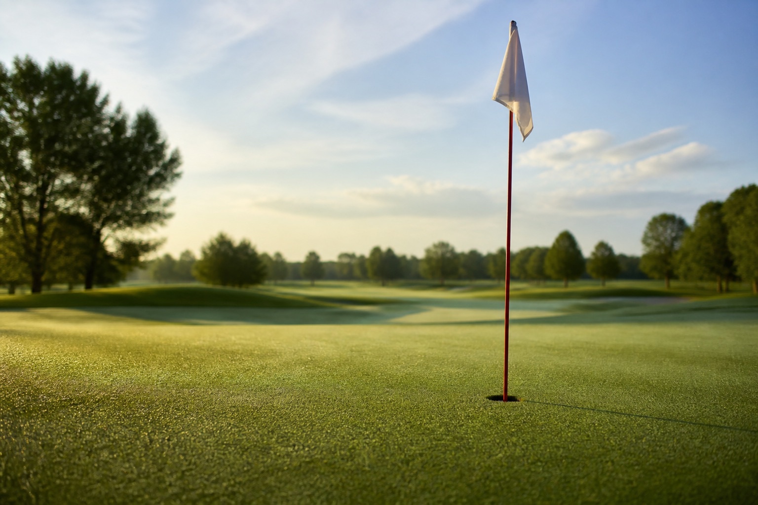 Championship putting green with red pin flag